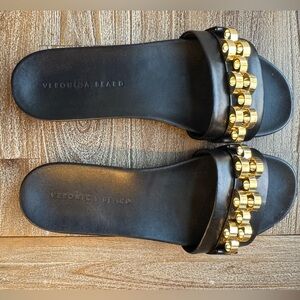 Veronica Beard Eni Flat Sandal in Black with Gold Hardware